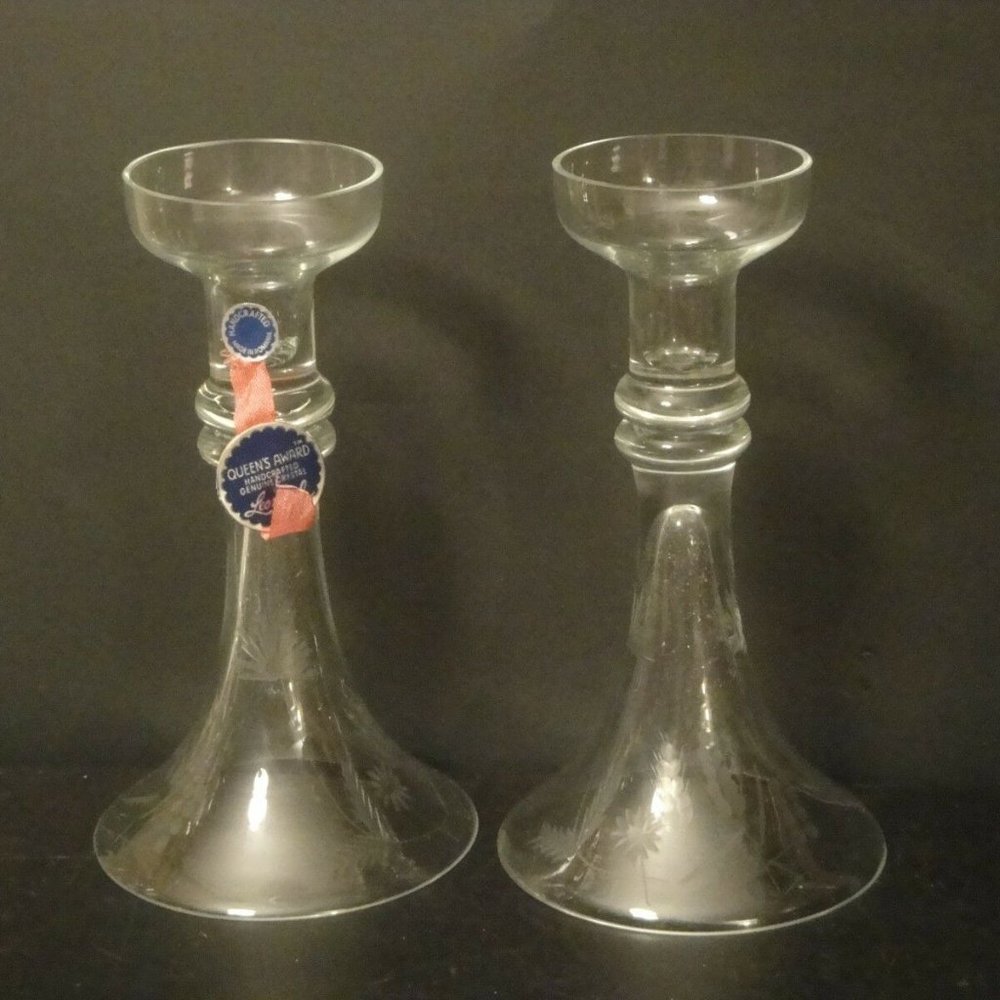 2 LEONARD Floral Etched Crystal Candleholders VTG